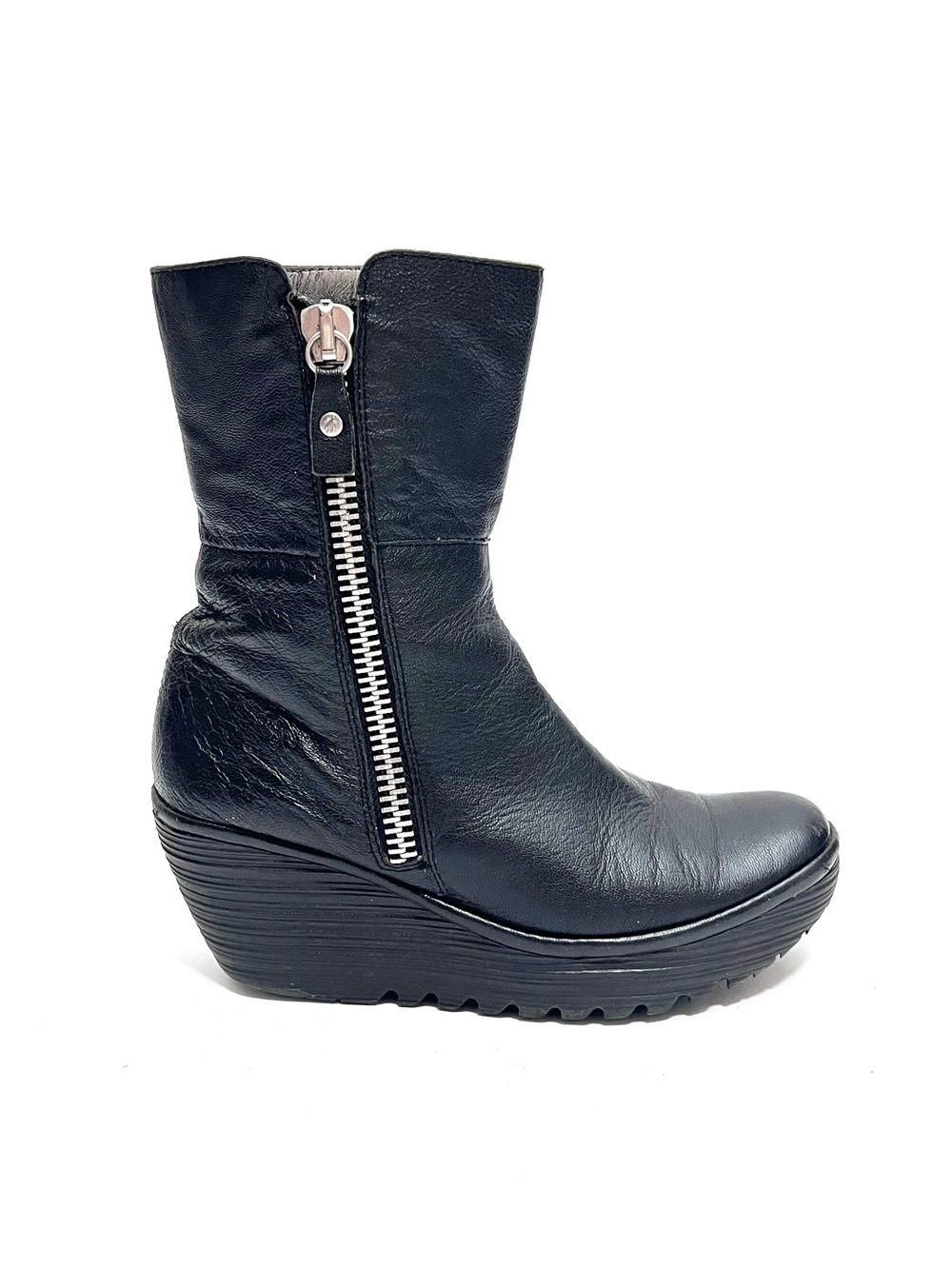 Vintage Y2K black leather zip up platform wedge heel boots